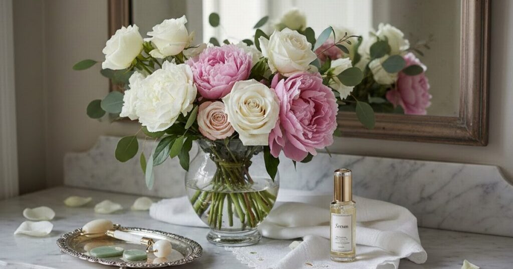 40代のシワ・ハリに向き合うエイジングケア美容液を、花を表現したイメージ