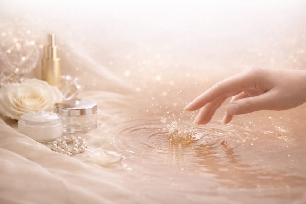 40代のシワ・ハリを意識した美容液選びをイメージした、手元と水滴の写真
