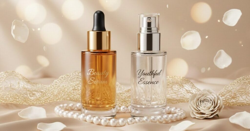 40代のシワ・ハリケアを意識した美容液と、やわらかな光と花びらのイメージ