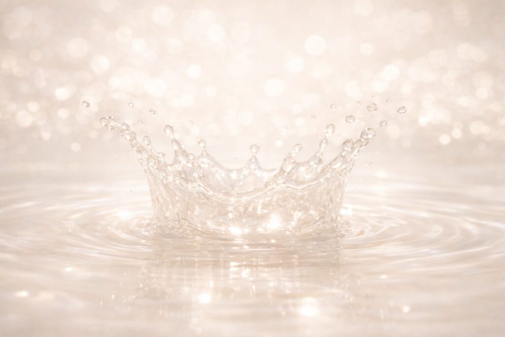 乾燥・敏感肌ケアを意識する40代に向けた、セラミド美容液のうるおいを象徴する水のイメージ