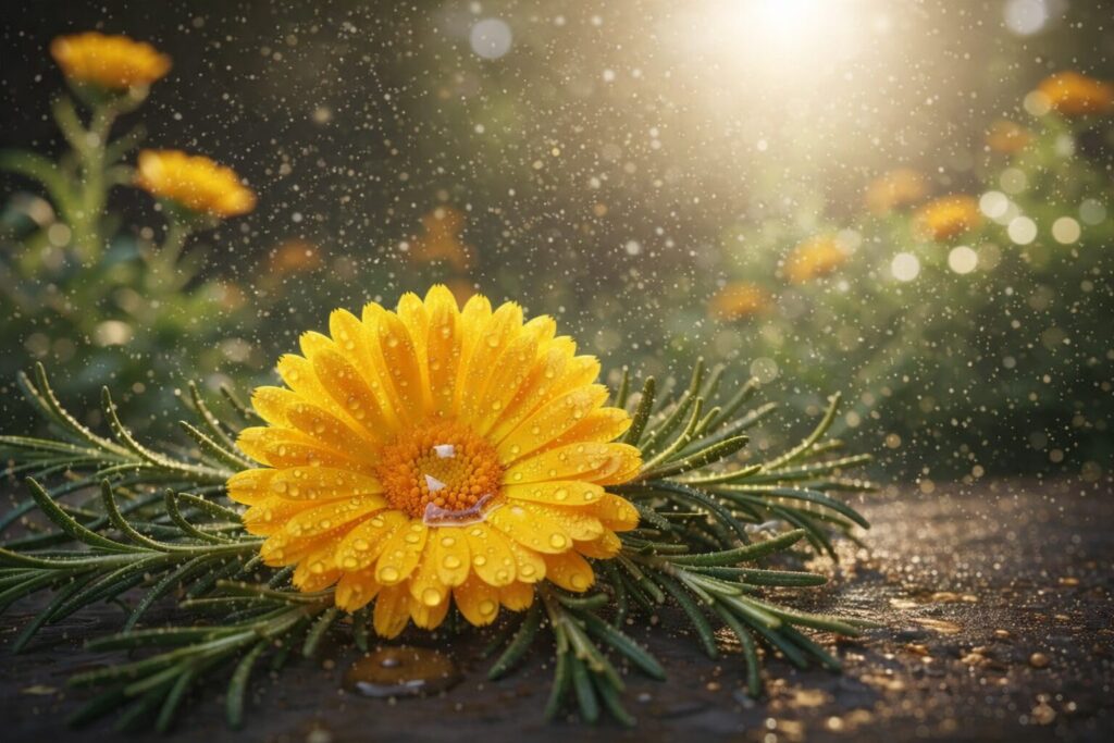 水滴をまとった花がみずみずしさを感じさせるイメージ