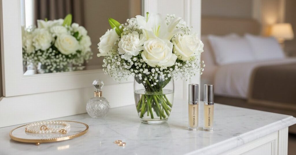 40代のスキンケアをやさしくイメージした、花と美容液の写真