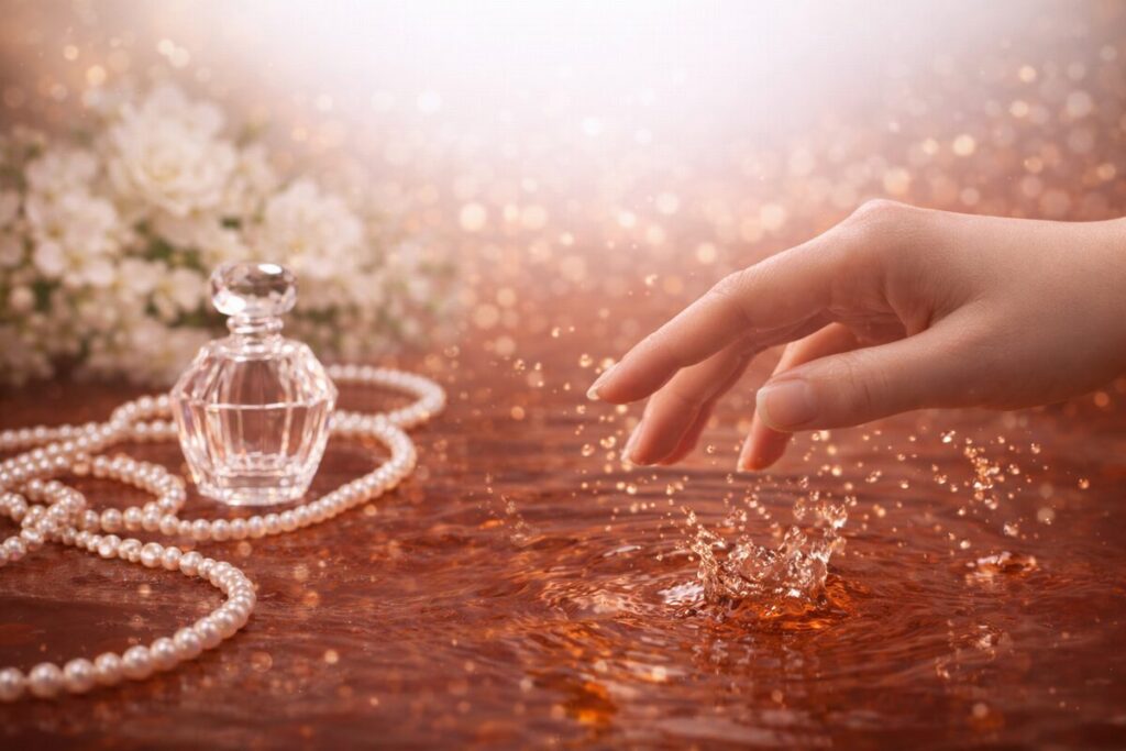 40代の肌に必要なうるおいケアをイメージした、手元と水滴の写真