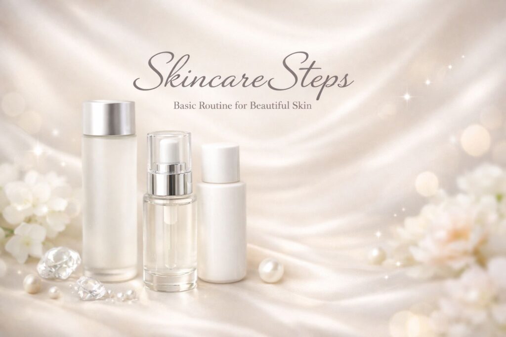 化粧水・美容液・乳液の順番をイメージしたエレガントなスキンケアボトルのビジュアル（40代向け基本ケアガイド）