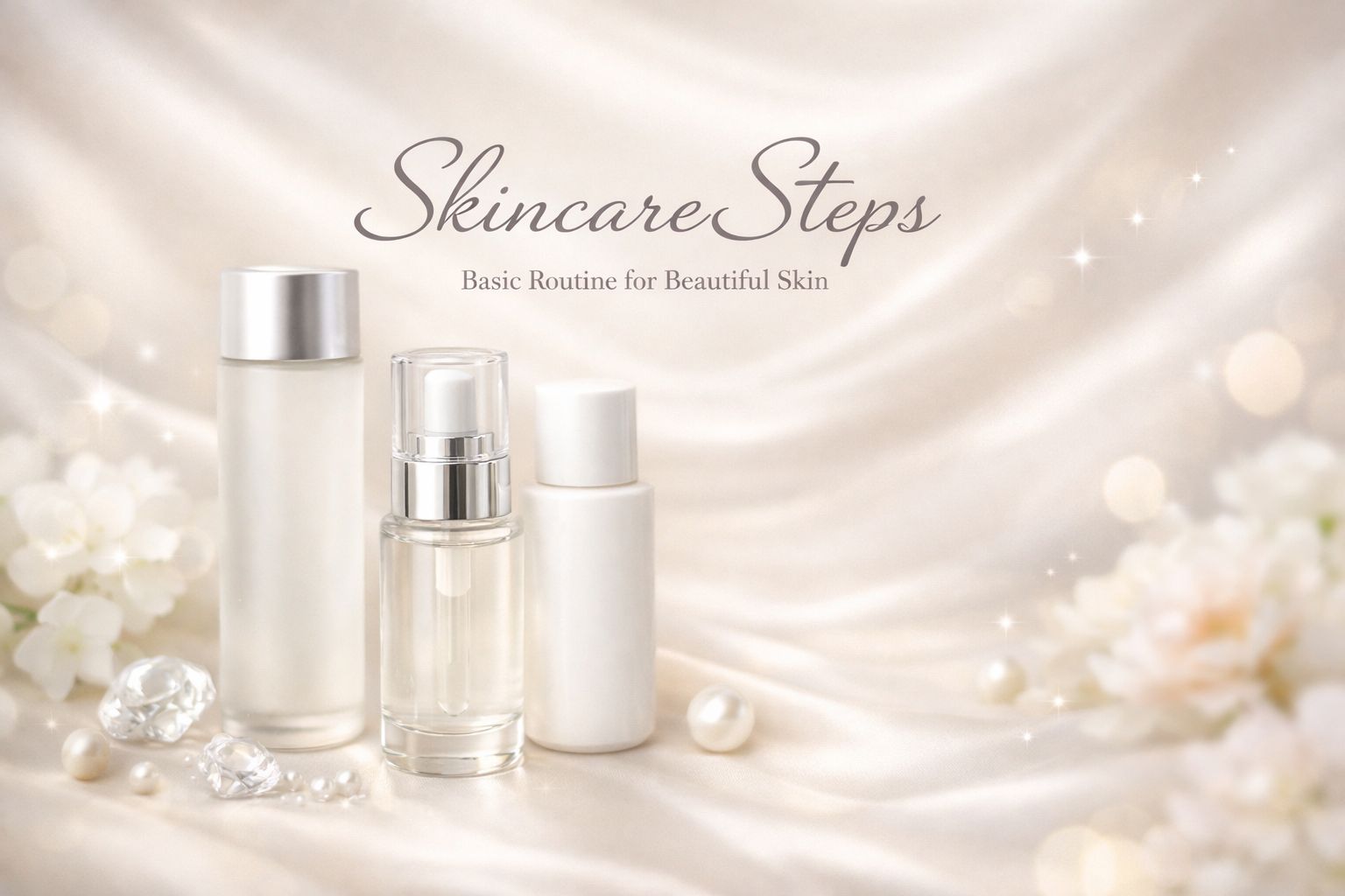 化粧水・美容液・乳液の順番をイメージしたエレガントなスキンケアボトルのビジュアル（40代向け基本ケアガイド）