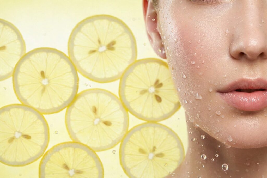 レモンの輪切りと水滴に包まれた顔のイメージ。40代のシミや毛穴が気になる肌を想起させるビタミンC美容液の世界観