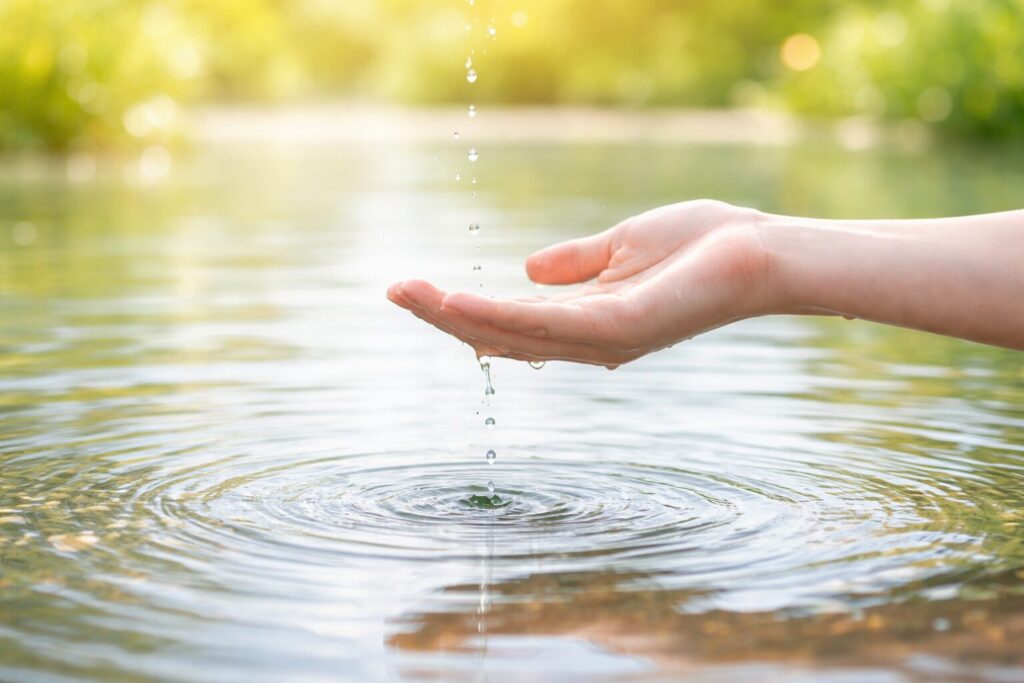 水滴を受け止める手のイメージ。40代の肌にやさしくなじむビタミンC美容液を表現