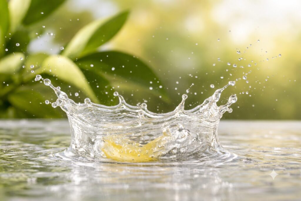 水面に落ちるしずくのクラウン。みずみずしい使い心地を連想させるビタミンC美容液のイメージ