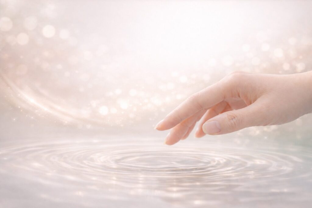 40代の肌に美容液がなじむ感覚をイメージした、静かな水面にそっと触れる手元のビジュアル