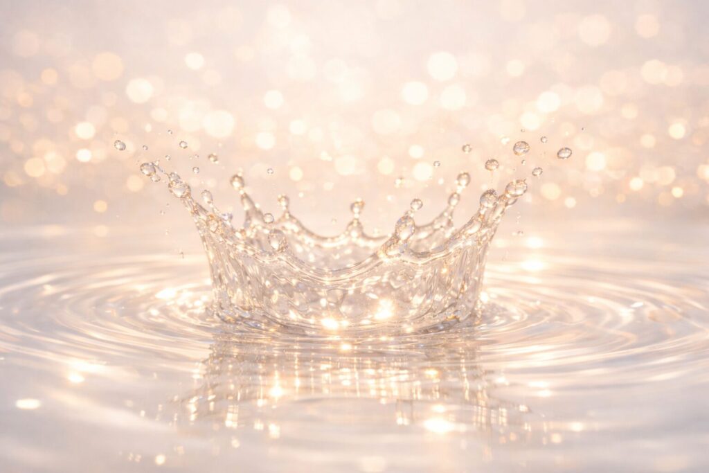 40代のエイジングケアを象徴する、水面に広がるやわらかな輝きと立体感のある水のクラウンイメージ