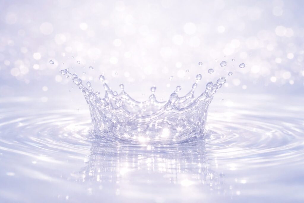水面に広がるやわらかな光と水しぶき。40代の血行や巡りを意識した美容液ケアをイメージしたビジュアル
