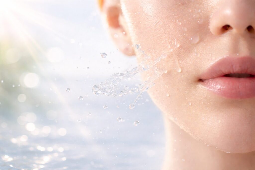 朝のスキンケア後の肌印象をイメージした40代女性の顔のクローズアップ