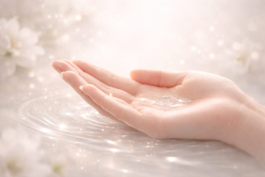 40代のたるみ・ほうれい線ケアを考える、美容液をなじませる手元のイメージ