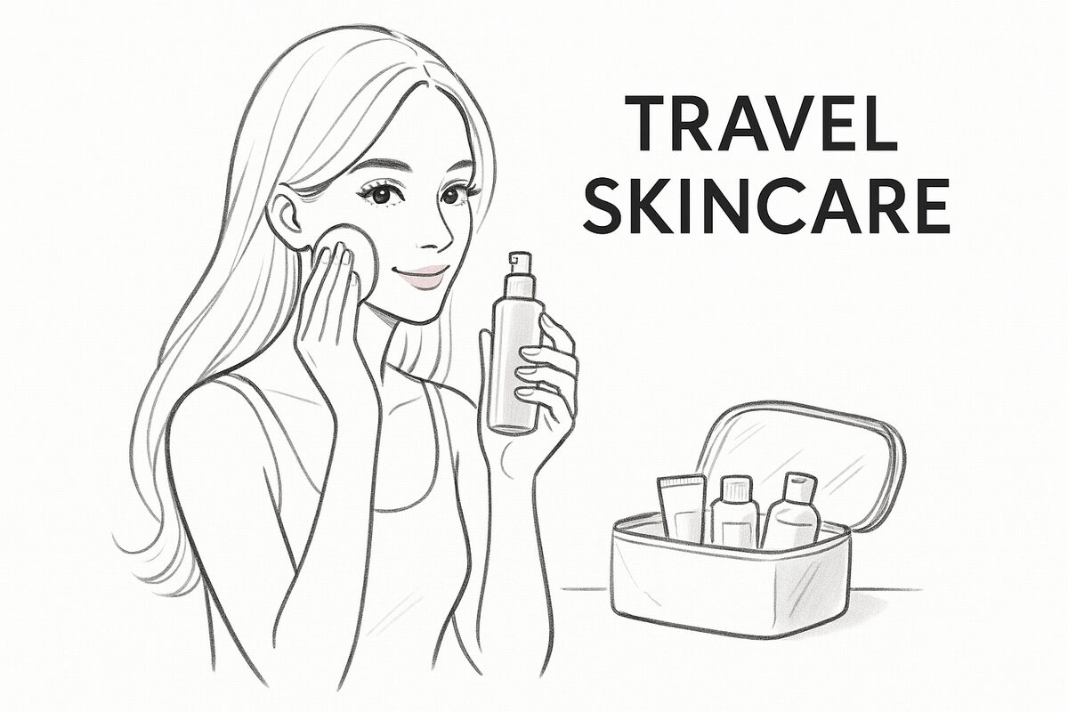 旅行先でミニサイズ乳液を使ってうるおいケアをしている女性のイメージ