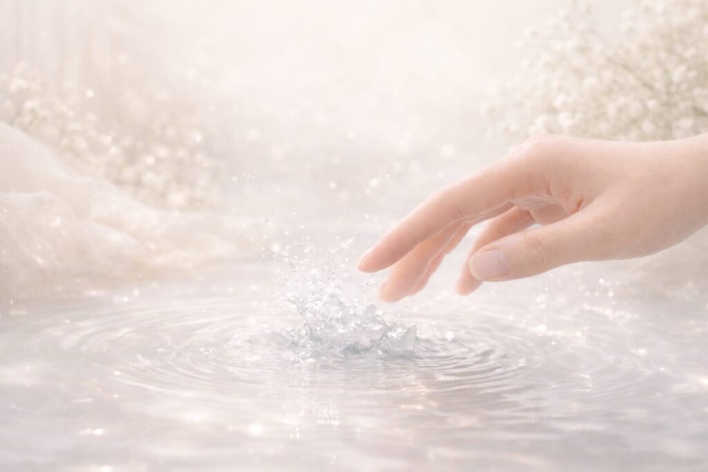 40代のスキンケアをイメージした、指先と水のきらめきがやさしく重なるシーン