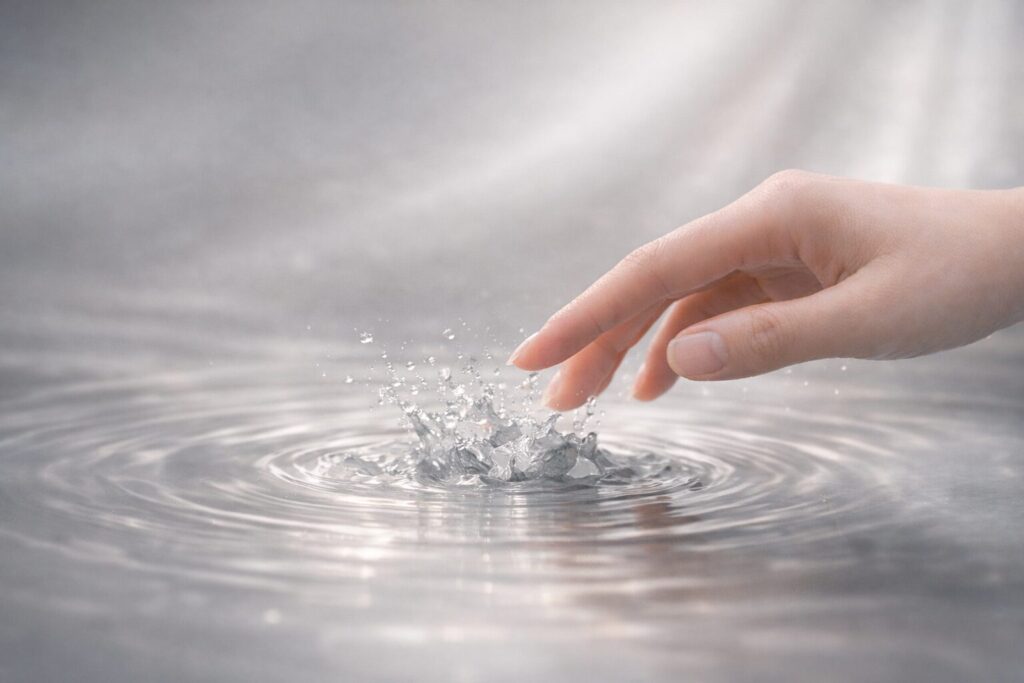 40代の肌をいたわるシワ改善美容液の使い心地を連想させる、やさしく触れる手のイメージ