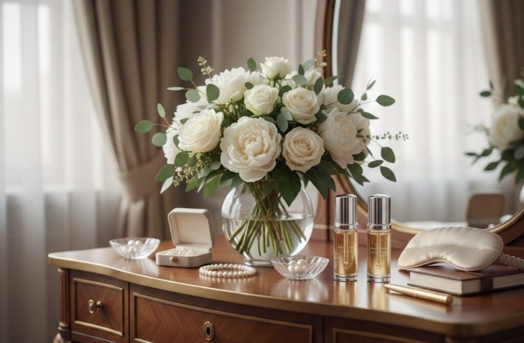 洗顔後に使う導入美容液を手のひらに取ったテクスチャ画像。化粧水が浸透（なじみ）やすいように、肌を柔らかく整える様子を表現。