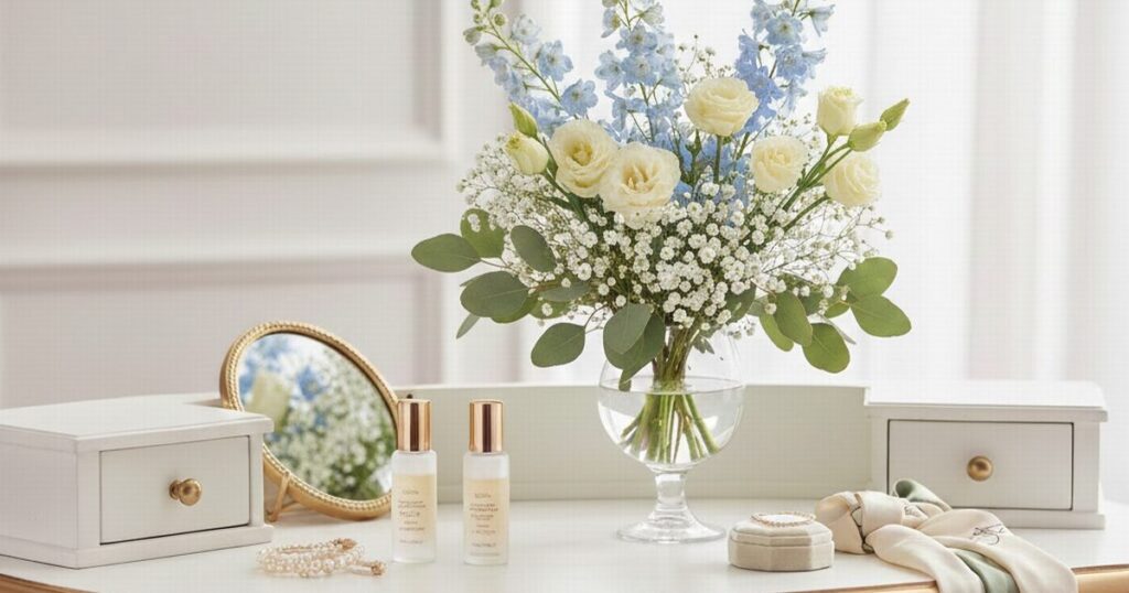 導入美容液を使用した後の、ふっくらとしたハリとツヤのある50代の肌イメージ。乾燥による小ジワを目立たなくする効果を訴求。