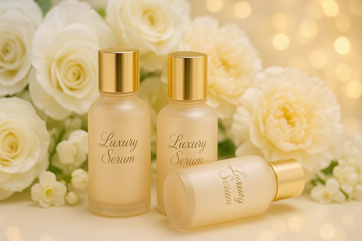40代向けデパコス美容液のイメージ（高級感あるボトルと上質な雰囲気）