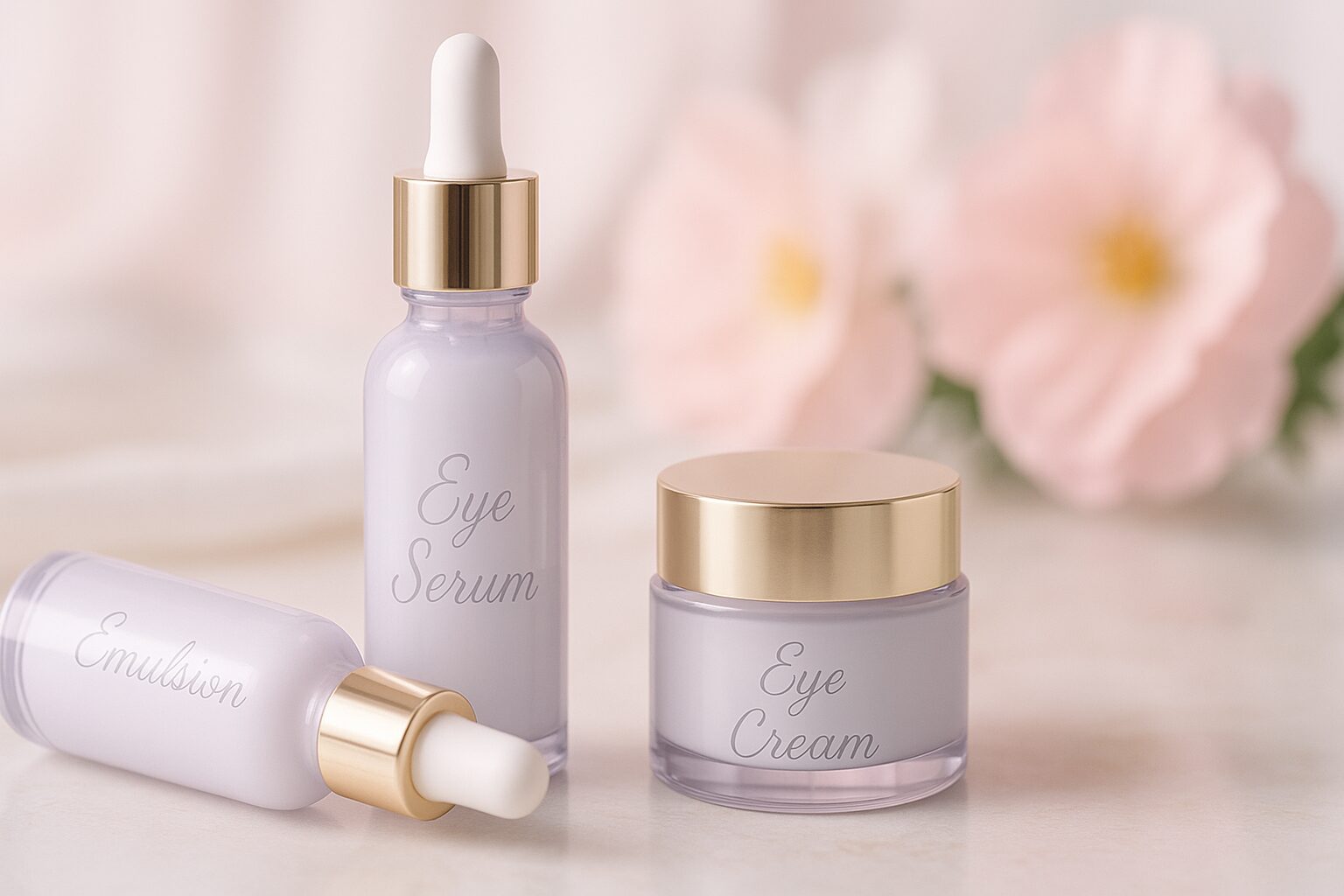 冬の乾燥対策として目もとにアイクリームをなじませる女性のイメージ。白い背景と淡いピンクの花でやわらかな雰囲気。