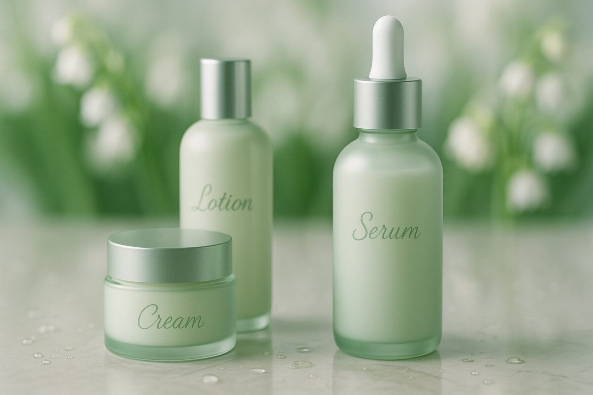 首元からデコルテをやさしくケアする女性のイメージ。乳白グリーン瓶とスズランの花が淡くぼけた上品なビジュアル。