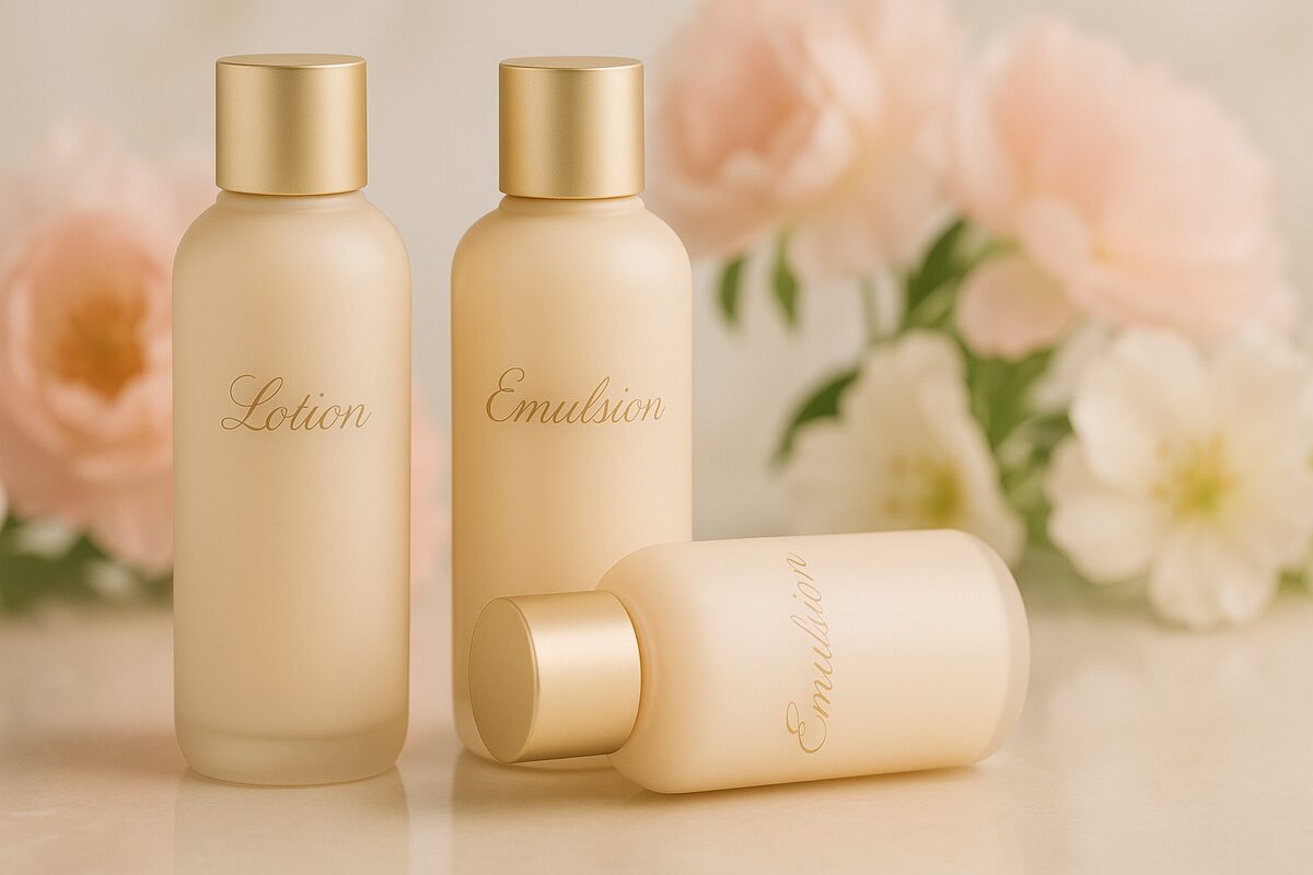 40代女性が鏡の前で乳液をなじませる様子。乾燥やゆらぎをやさしくケアしているイメージ。