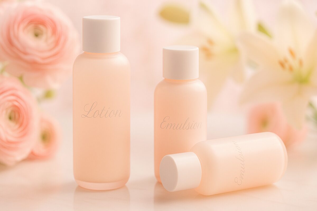 40代女性が乳液を手に取るイメージ。なめらかな肌を目指すスキンケアシーン。