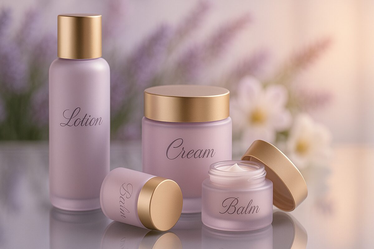 睡眠中のうるおいを守る密封ケアのイメージ（乳液・クリーム・バームが並ぶ夜のスキンケア風景）