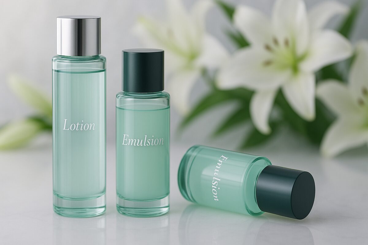 乳液を手に取る40代女性のイメージ（混合肌のテカりと乾燥をケアする）