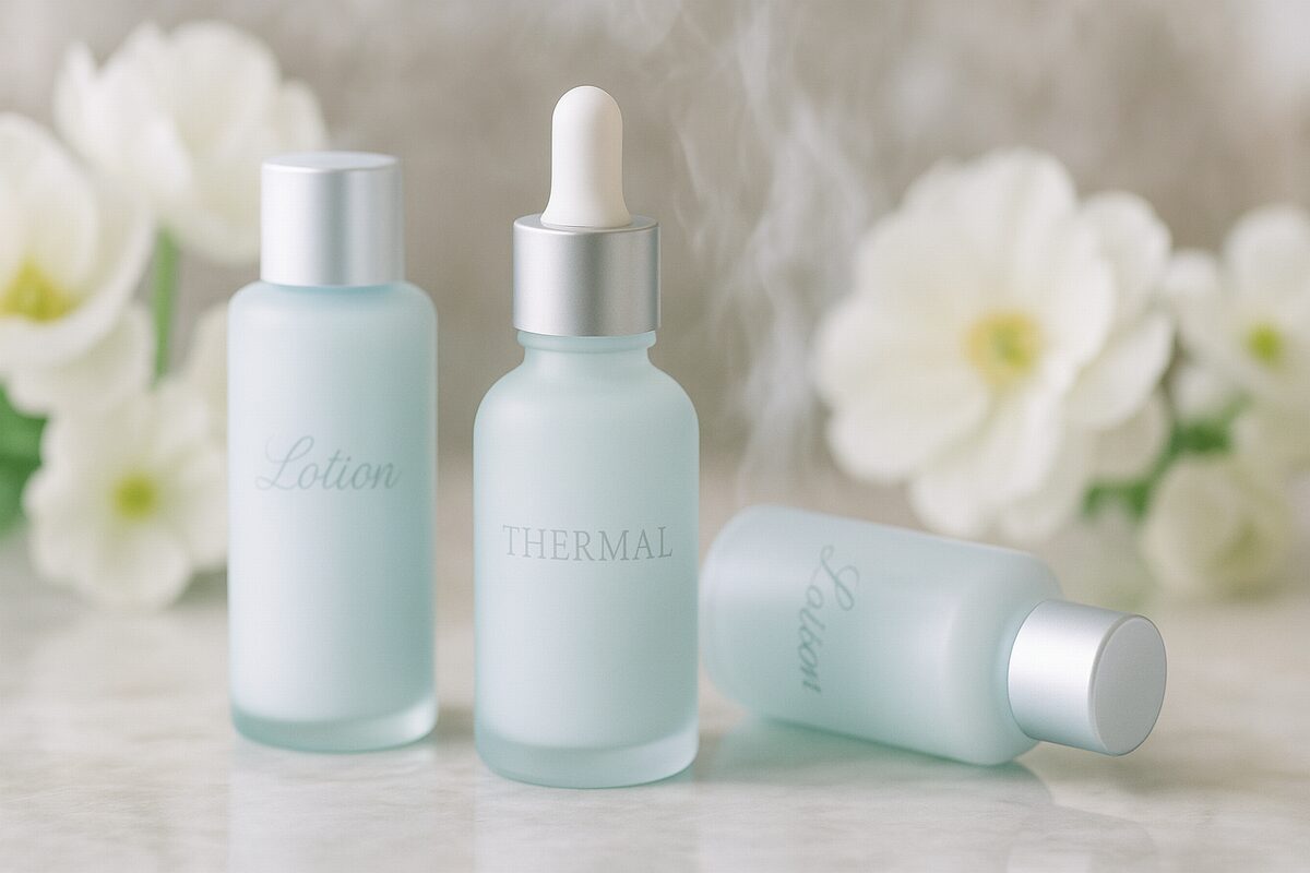 40代におすすめの温泉水系美容液のイメージ。肌にやさしくしみこむ保湿ケアを表現。