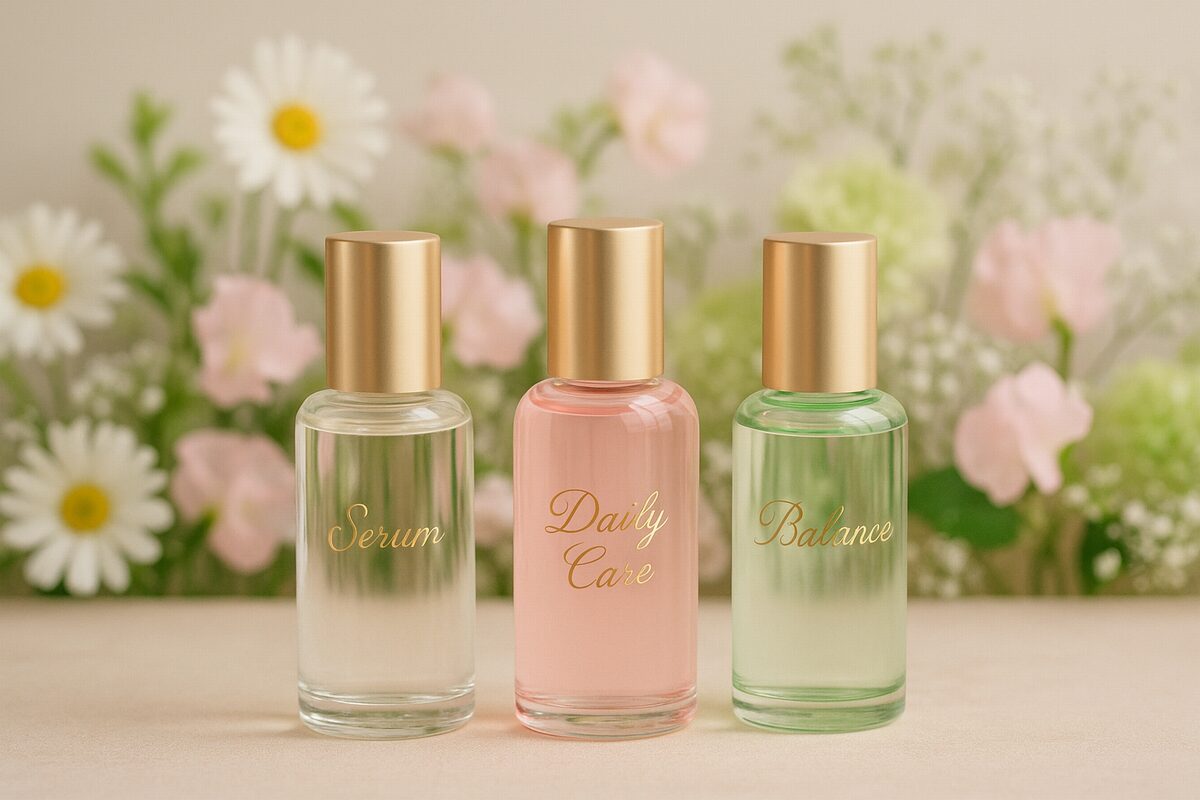 50代ドラッグストア美容液おすすめのイメージ（やわらかな光の中に並ぶ手に取りやすい美容液ボトル）