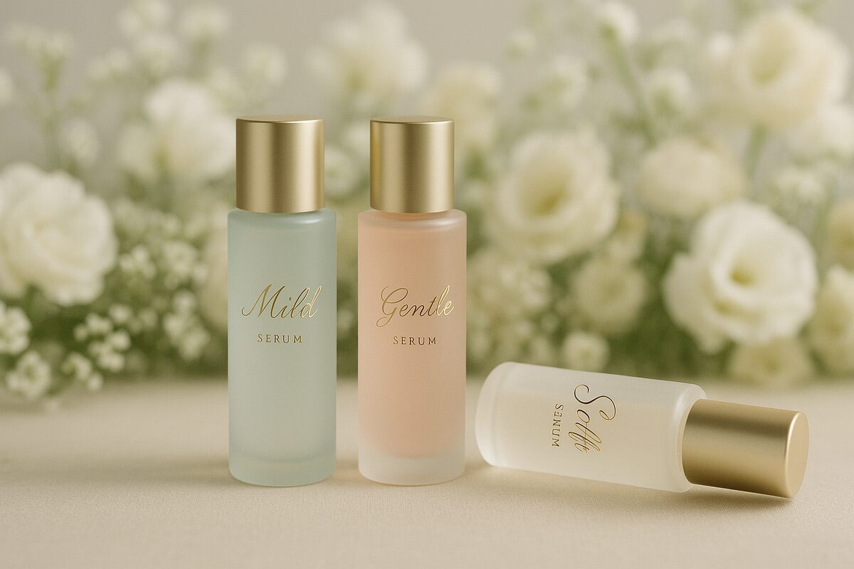 50代の低刺激美容液イメージ（アルコール・香料を控えたやさしい処方）