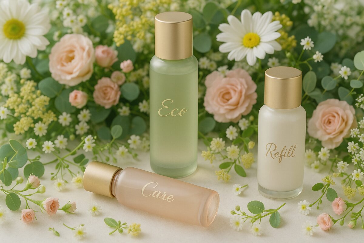50代詰め替え対応美容液のイメージ（環境にやさしいリフィルボトルと花を背景にした上品な構図）