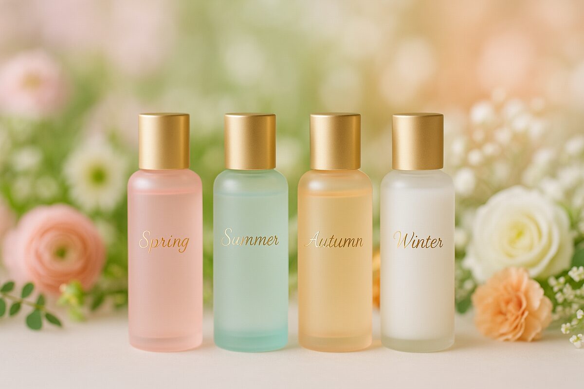 50代の美容液選びのイメージ（肌タイプ・季節別チャートとスキンケアアイテム）