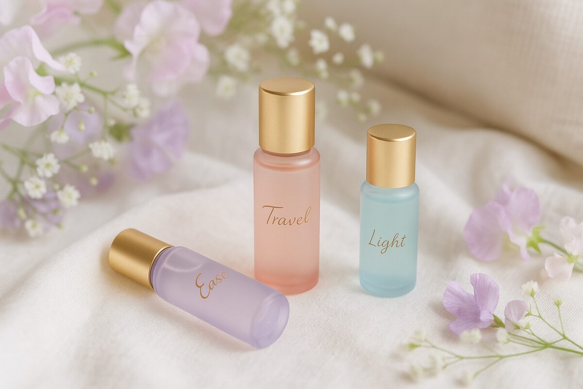 50代旅行用ミニ美容液のイメージ（軽くて持ち運びやすいボトルと花を背景にした構図）