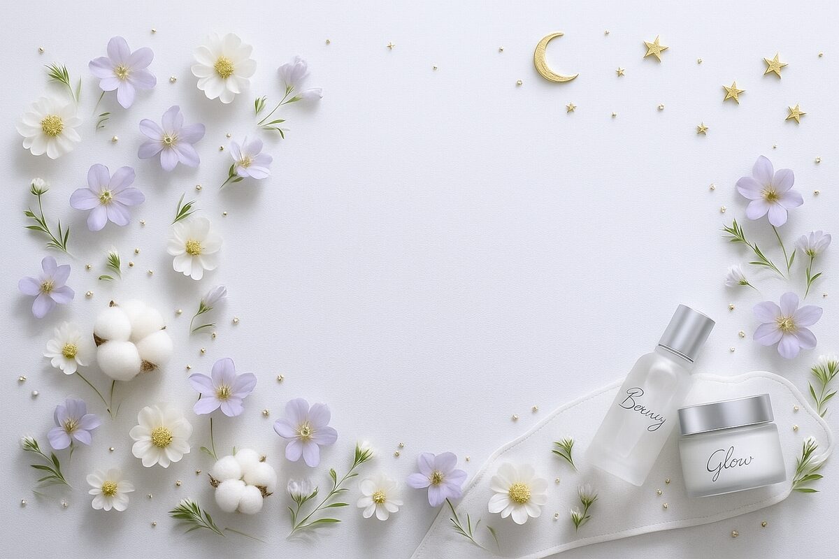 冬の夜のスキンケア｜スリーピングマスクで仕込み保湿をするイメージ写真（ナイトクリームとスキンケアボトルの静かな夜の雰囲気）