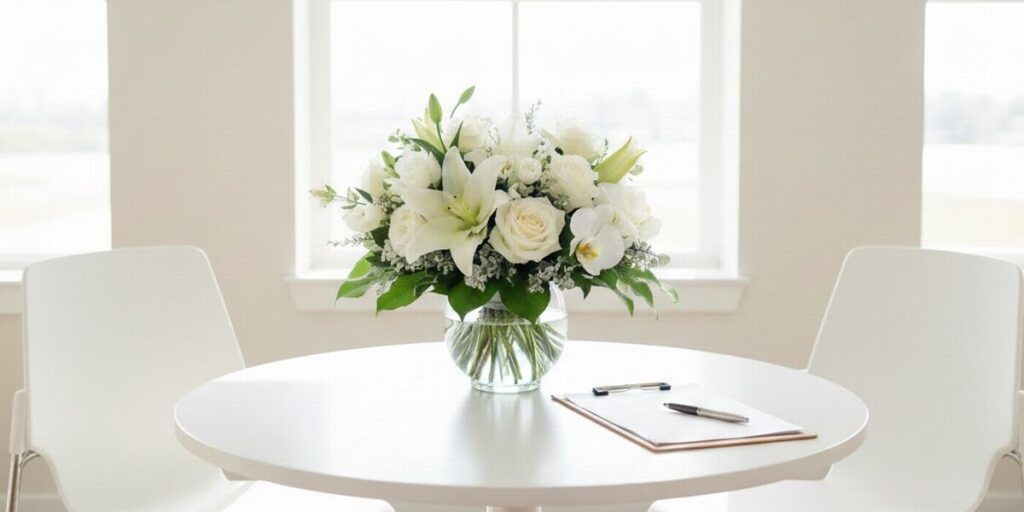 美容外科のカウンセリング室の様子（花、クリップボード、椅子）