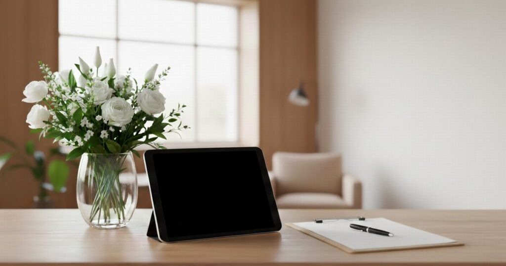 美容クリニックのカウンセリングスペースのイメージ（花とクリップボード、タブレット端末）