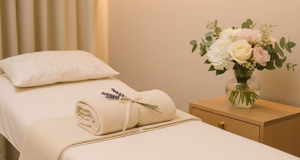 美容クリニックの施術室のイメージ（ベッドとタオル）