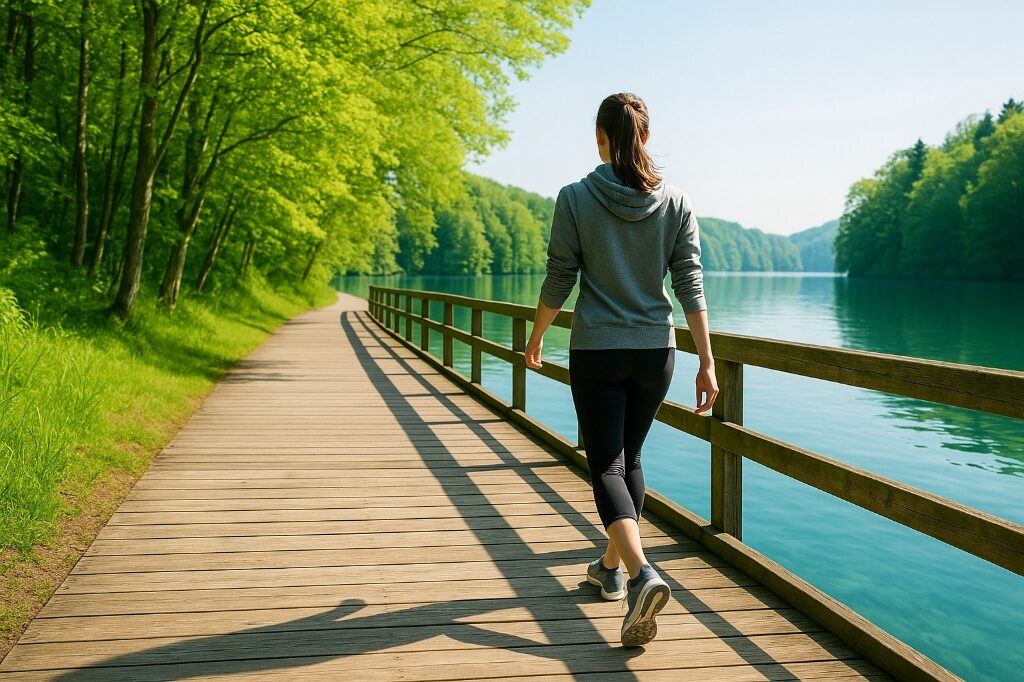 15000歩ウォーキングで血行促進し美肌を目指す女性の後ろ姿