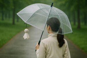 雨の中、傘をさしてウォーキングする女性の後ろ姿と小さなテルテル坊主