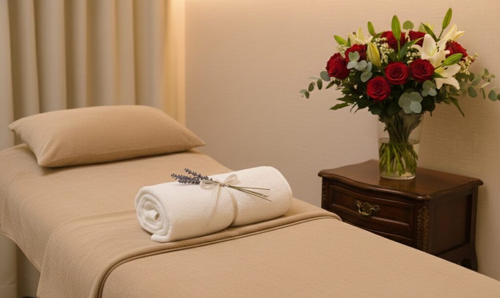 美容クリニックの施術室のイメージ写真（ベッド、タオル）