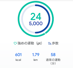 ウォーキング中に歩数がちょうど5,000歩に到達した瞬間のスクショ。強めの運動24pt、消費カロリー601kcal。
