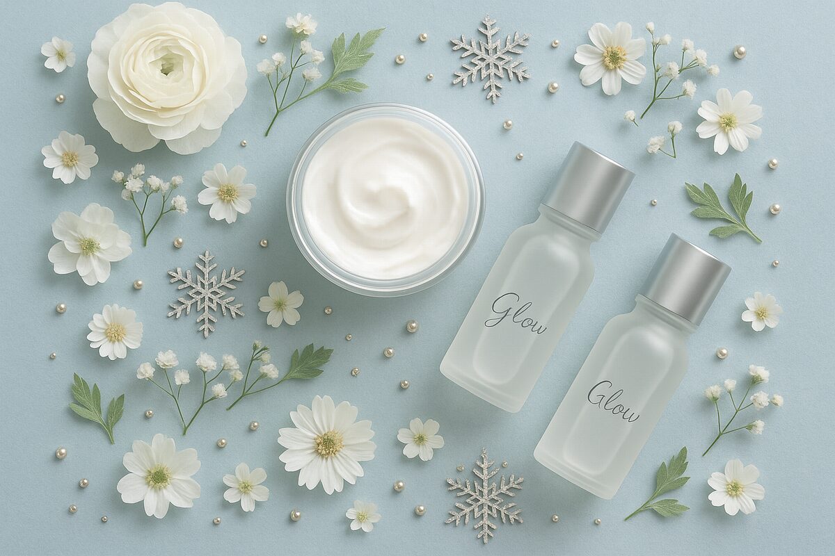 冬の敏感肌にやさしく寄り添う保湿クリームのイメージ写真。冬の乾燥ケアに使いやすいシンプルなスキンケアボトルと白い花を配置した構図。