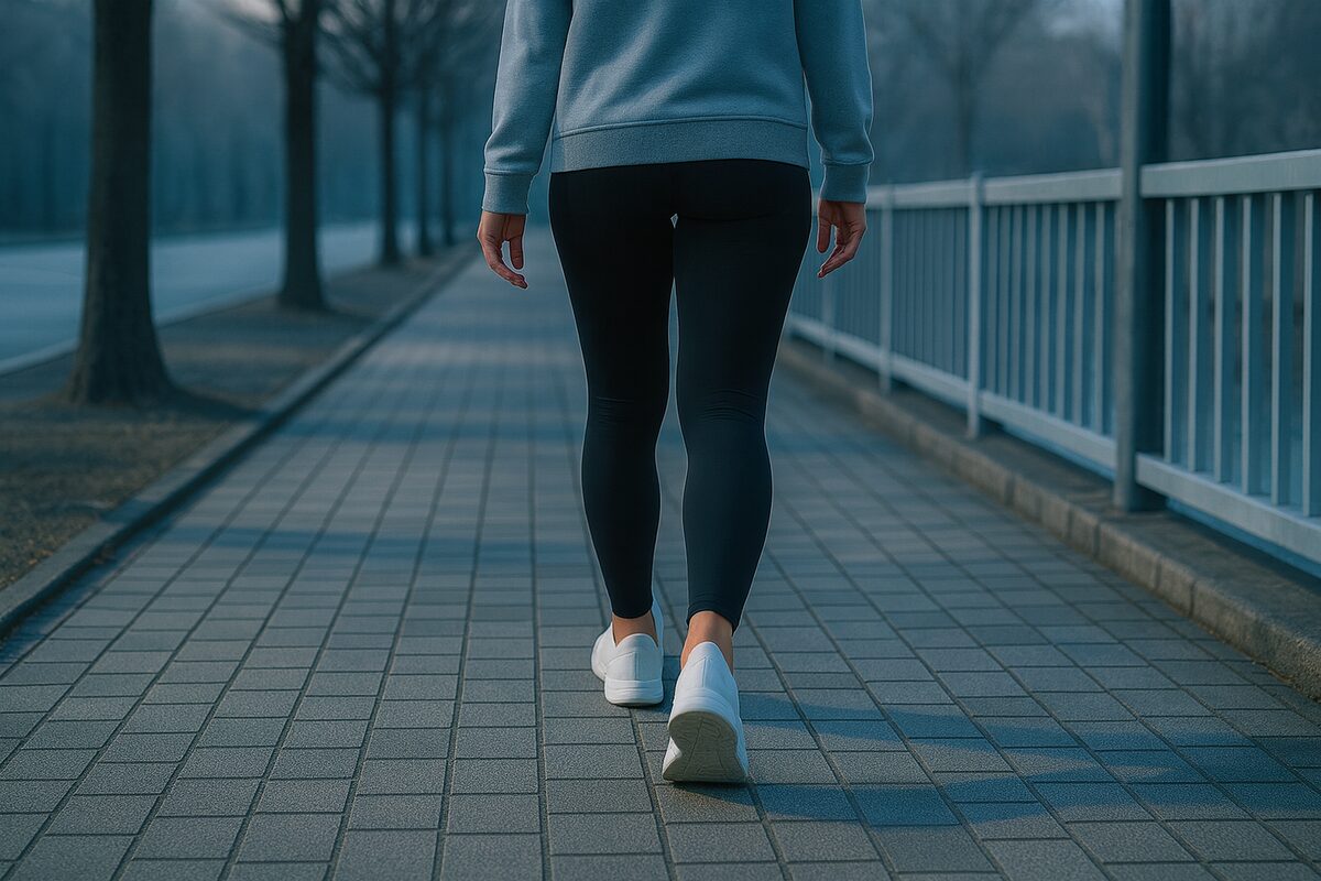 冬の朝、女性が後ろ姿で歩くウォーキング風景。巡りと美容を意識した生活習慣の記録