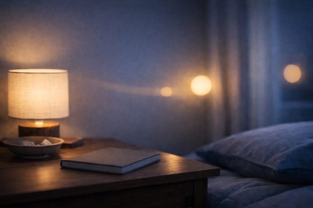 40代の夜用オールインワン美容液で、1日の終わりに肌を整える静かな夜ケアのイメージ