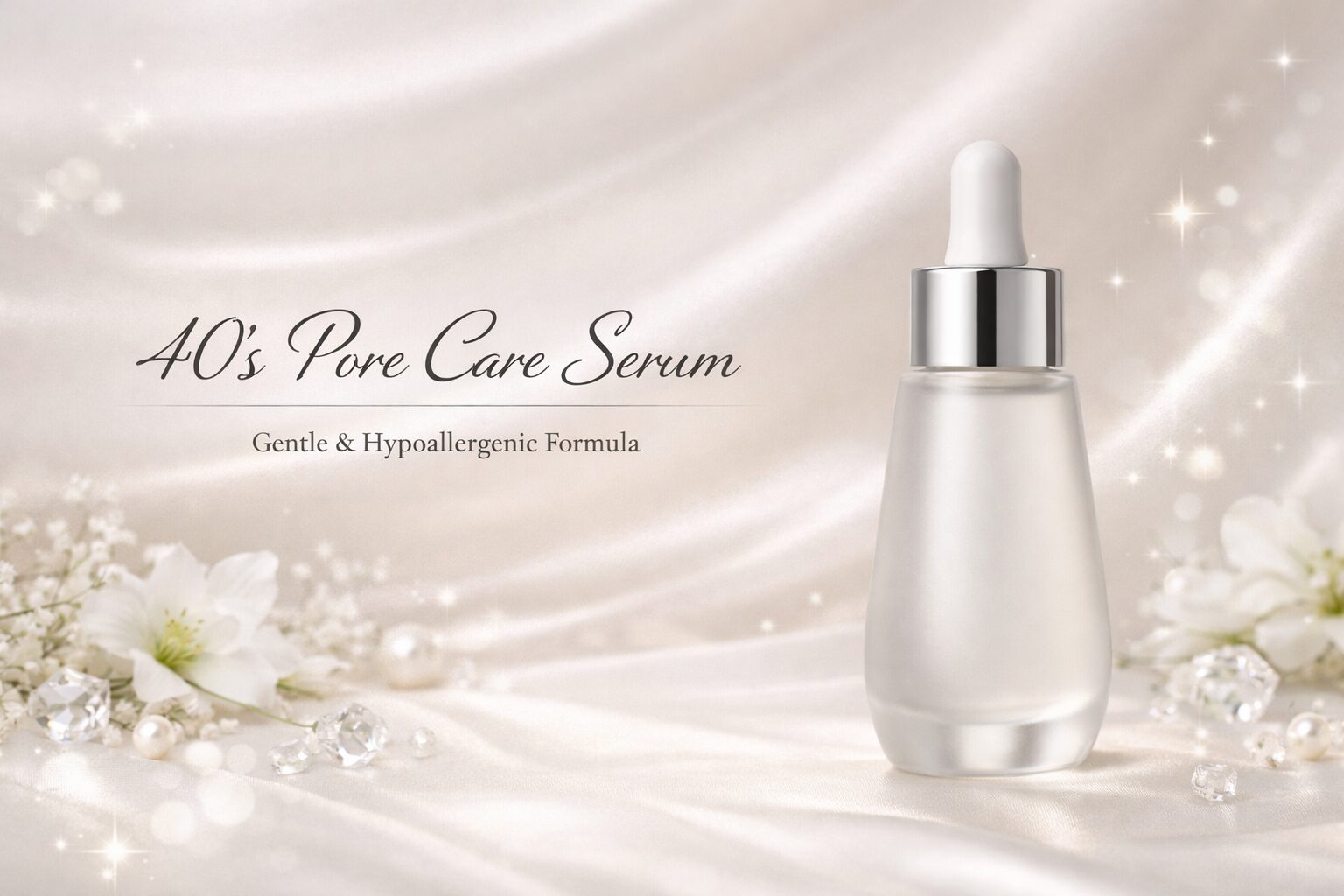40代敏感肌の毛穴ケア美容液の選び方をイメージした低刺激設計の美容液とサテン背景のビジュアル
