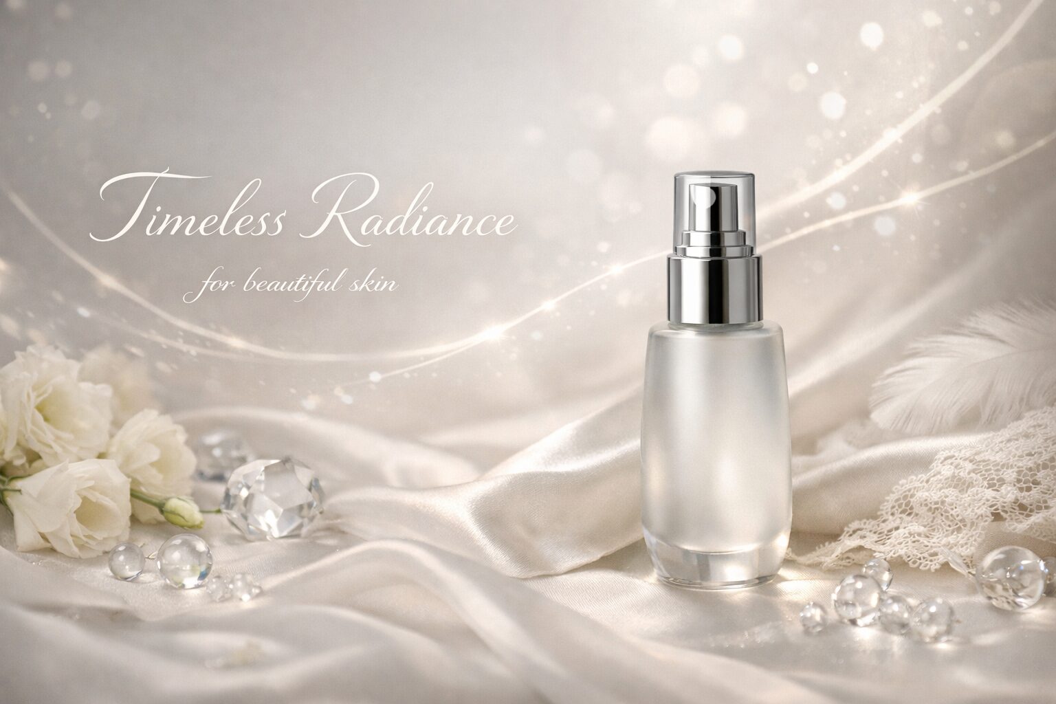 40代のシワとハリ不足の関係をイメージした美容液ビジュアル（光と透明感のエレガント表現）