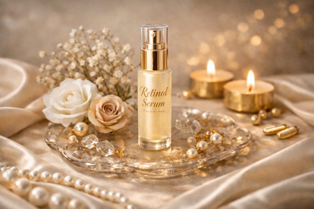 レチノール美容液をイメージした、やわらかな光と上品な質感のビジュアル