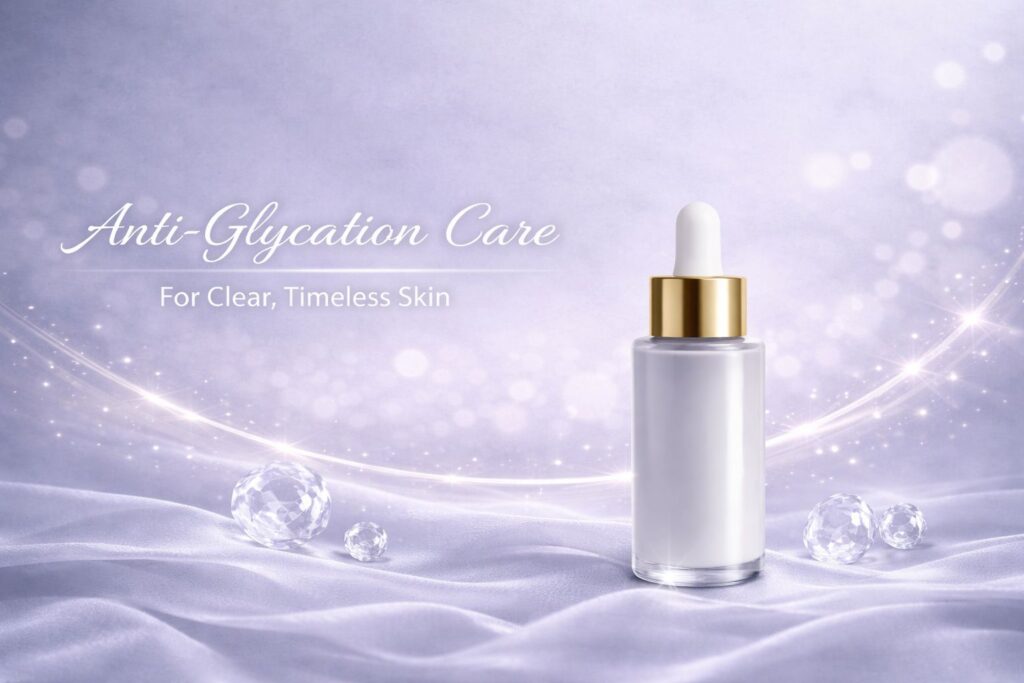 40代の黄ぐすみ対策をイメージした糖化ケア美容液と透明感のある光の演出